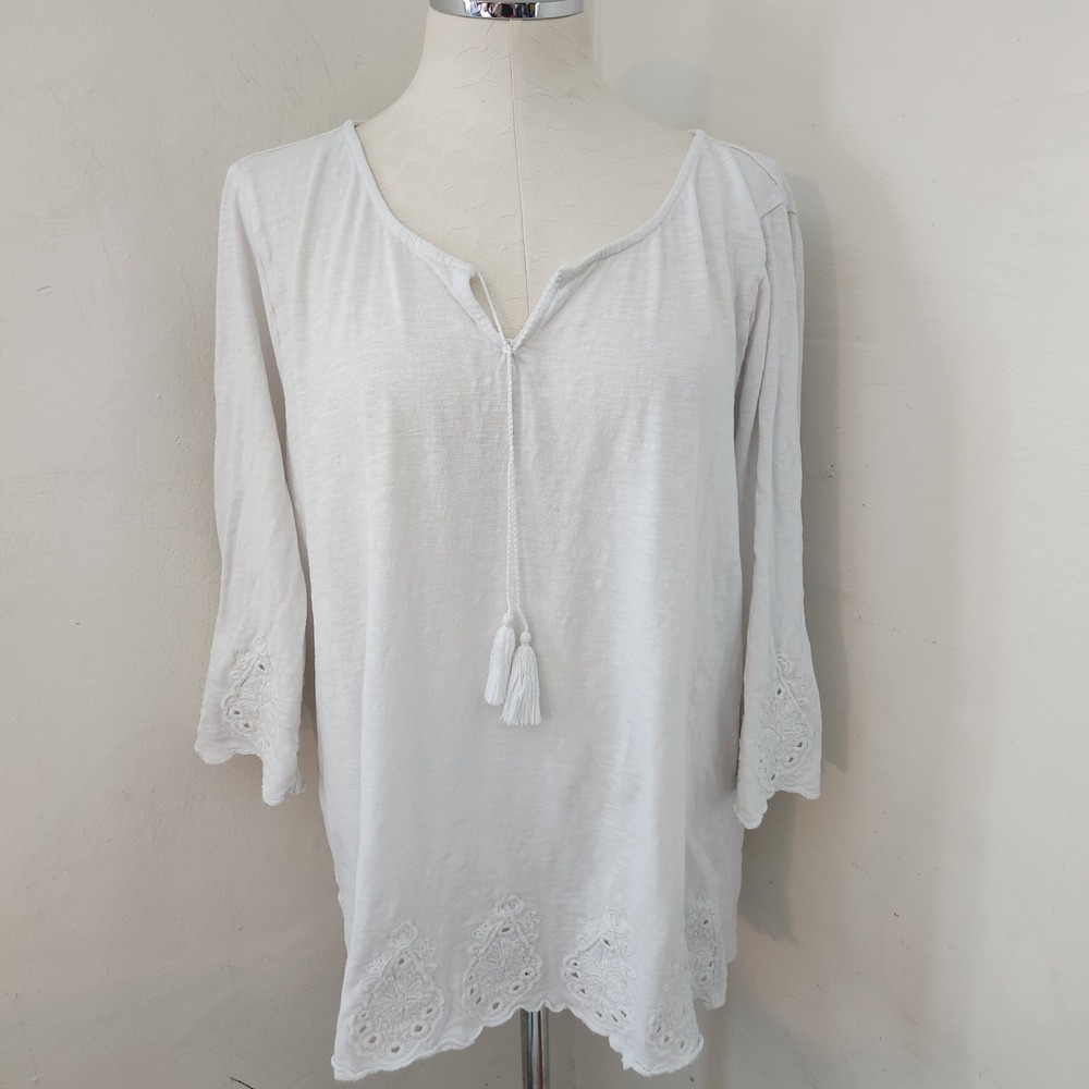 Talbots Woman White Cotton Eyelet Embroidered Tassel Tunic Top 2X